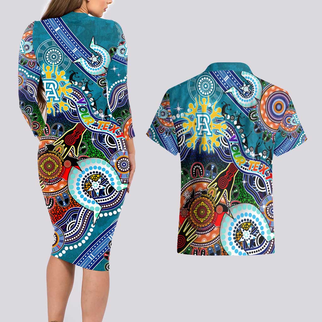 Custom NAIDOC Week 2024 Port Adelaide Power Couples Matching Long Sleeve Bodycon Dress and Hawaiian Shirt Australia Aboriginal Dot Painting