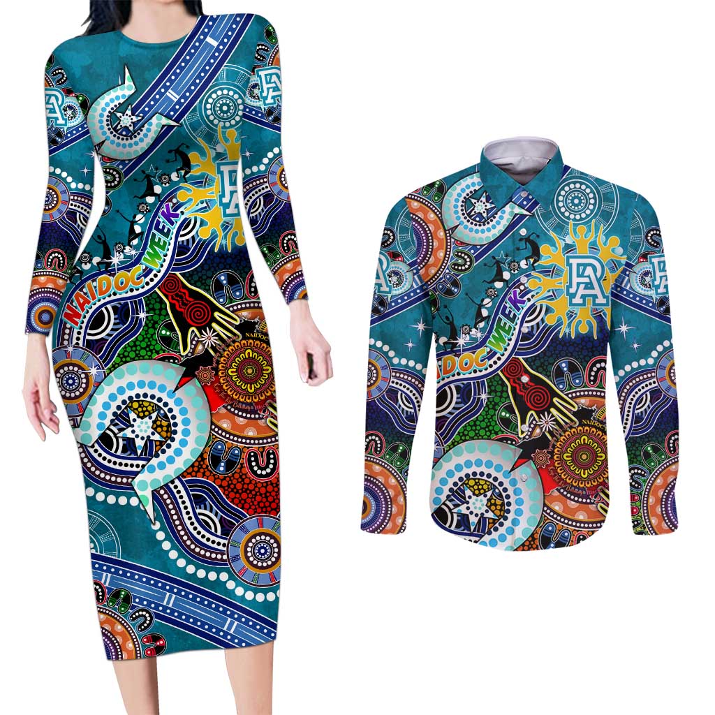 Custom NAIDOC Week 2024 Port Adelaide Power Couples Matching Long Sleeve Bodycon Dress and Long Sleeve Button Shirt Australia Aboriginal Dot Painting