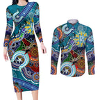 Custom NAIDOC Week 2024 Port Adelaide Power Couples Matching Long Sleeve Bodycon Dress and Long Sleeve Button Shirt Australia Aboriginal Dot Painting