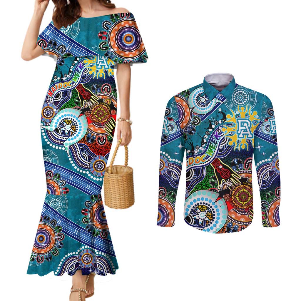 Custom NAIDOC Week 2024 Port Adelaide Power Couples Matching Mermaid Dress and Long Sleeve Button Shirt Australia Aboriginal Dot Painting