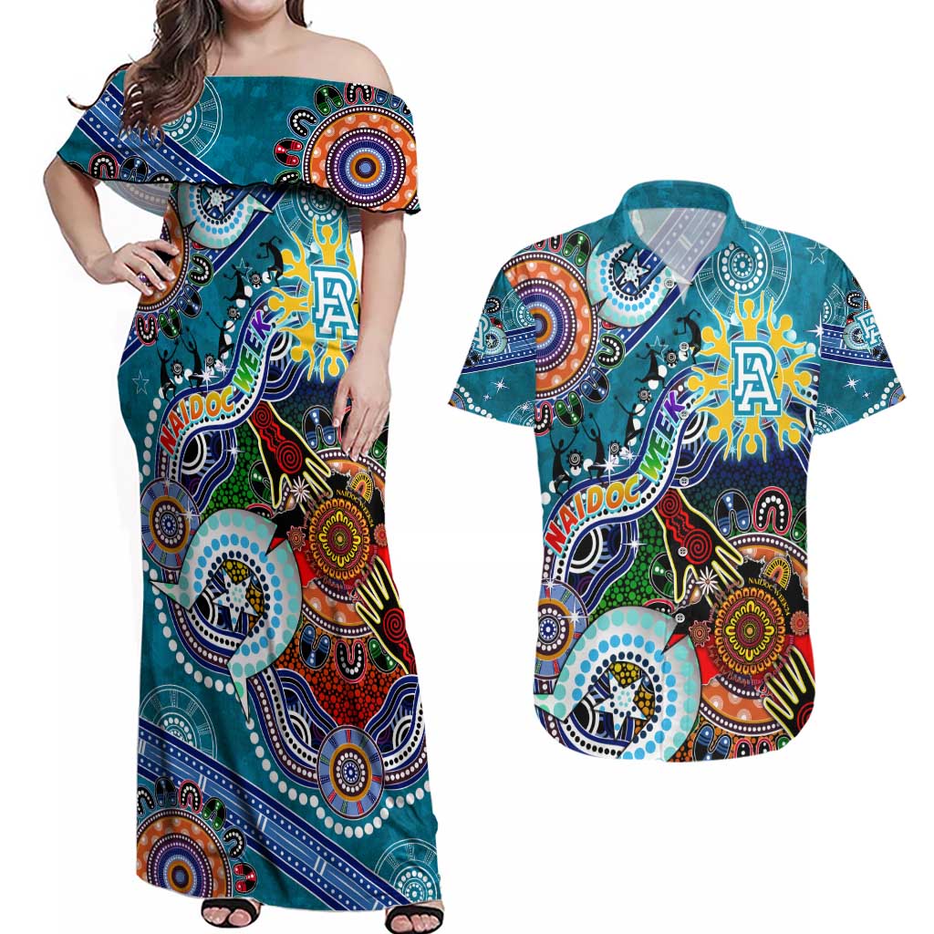 Custom NAIDOC Week 2024 Port Adelaide Power Couples Matching Off Shoulder Maxi Dress and Hawaiian Shirt Australia Aboriginal Dot Painting