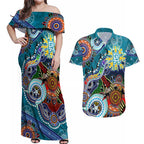 Custom NAIDOC Week 2024 Port Adelaide Power Couples Matching Off Shoulder Maxi Dress and Hawaiian Shirt Australia Aboriginal Dot Painting