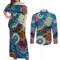 Custom NAIDOC Week 2024 Port Adelaide Power Couples Matching Off Shoulder Maxi Dress and Long Sleeve Button Shirt Australia Aboriginal Dot Painting