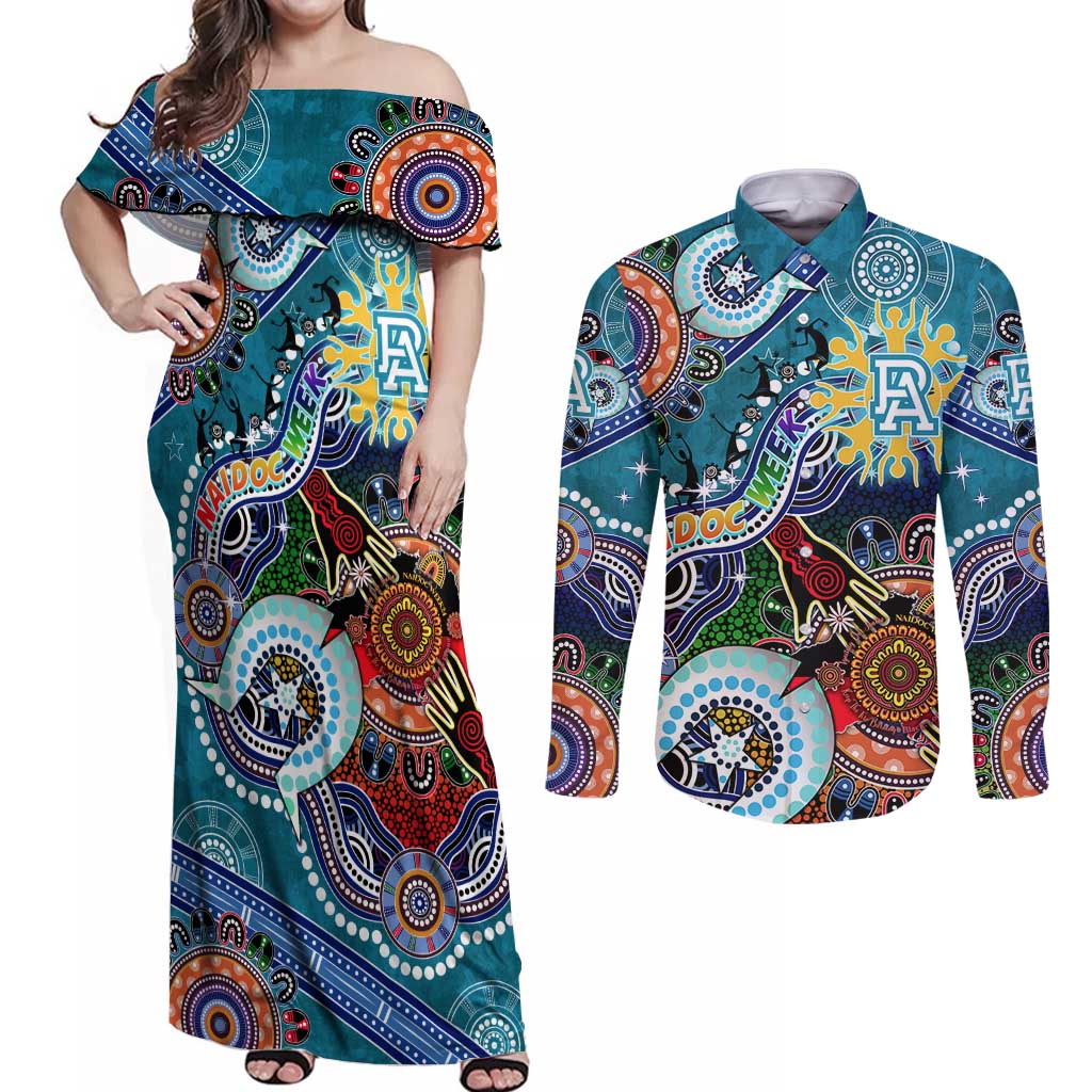 Custom NAIDOC Week 2024 Port Adelaide Power Couples Matching Off Shoulder Maxi Dress and Long Sleeve Button Shirt Australia Aboriginal Dot Painting