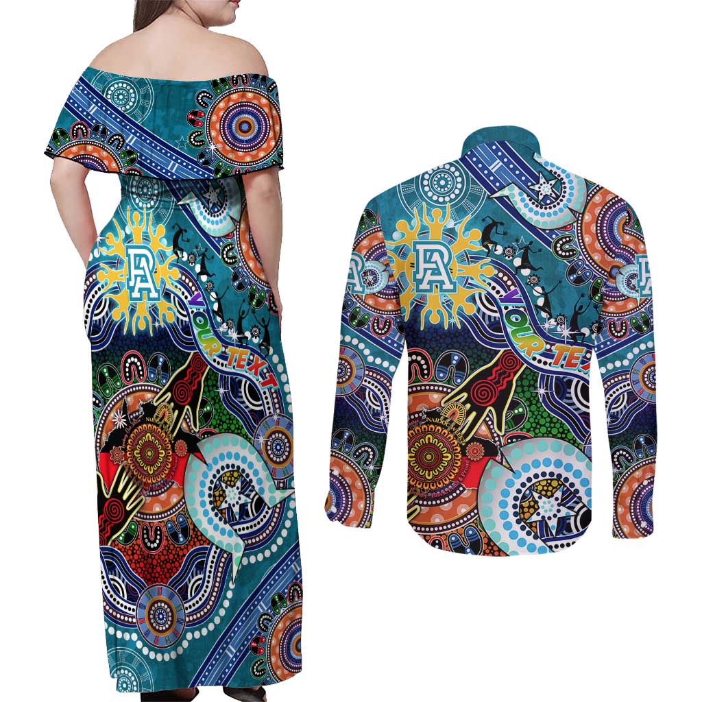 Custom NAIDOC Week 2024 Port Adelaide Power Couples Matching Off Shoulder Maxi Dress and Long Sleeve Button Shirt Australia Aboriginal Dot Painting