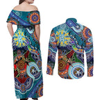 Custom NAIDOC Week 2024 Port Adelaide Power Couples Matching Off Shoulder Maxi Dress and Long Sleeve Button Shirt Australia Aboriginal Dot Painting