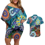 Custom NAIDOC Week 2024 Port Adelaide Power Couples Matching Off Shoulder Short Dress and Hawaiian Shirt Australia Aboriginal Dot Painting