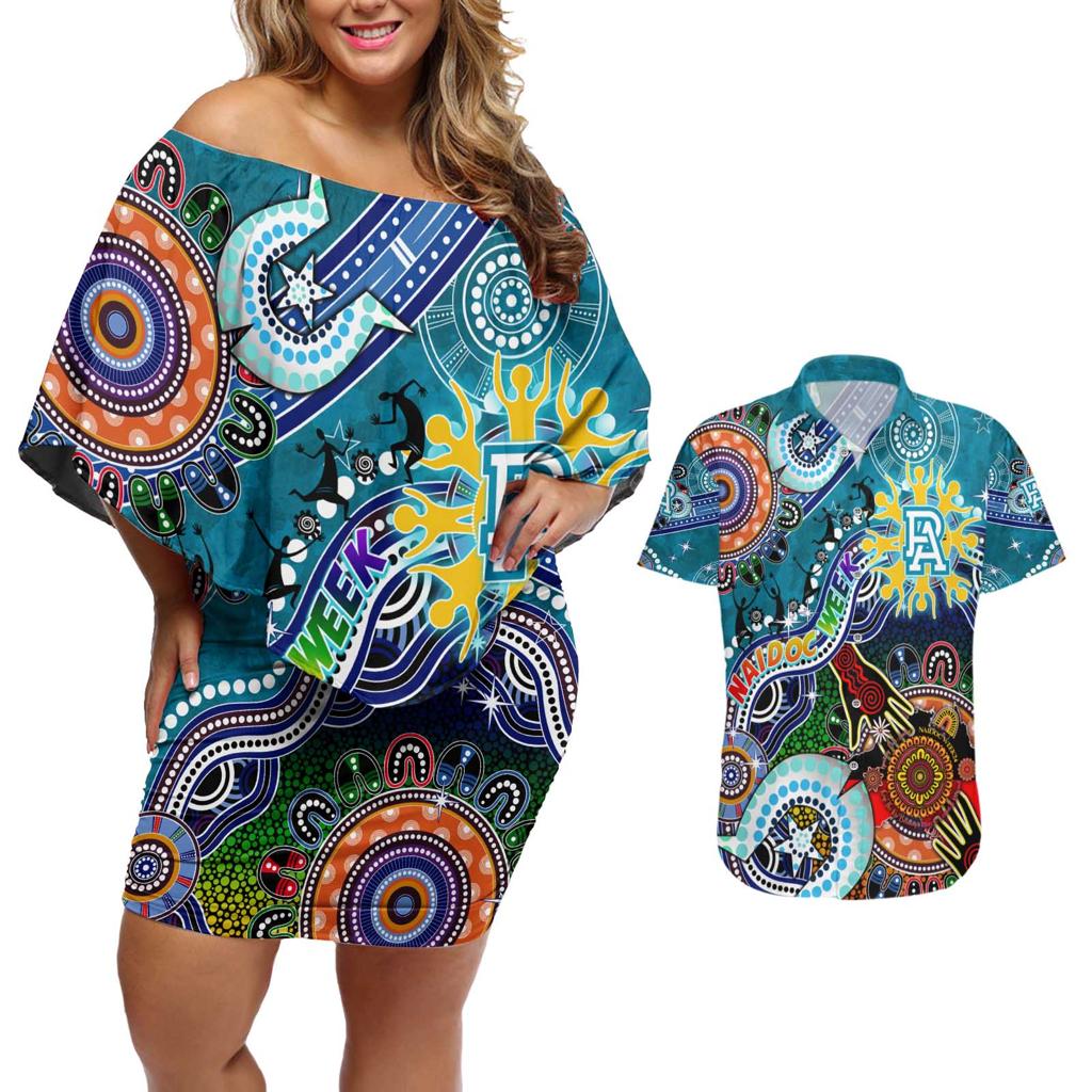 Custom NAIDOC Week 2024 Port Adelaide Power Couples Matching Off Shoulder Short Dress and Hawaiian Shirt Australia Aboriginal Dot Painting