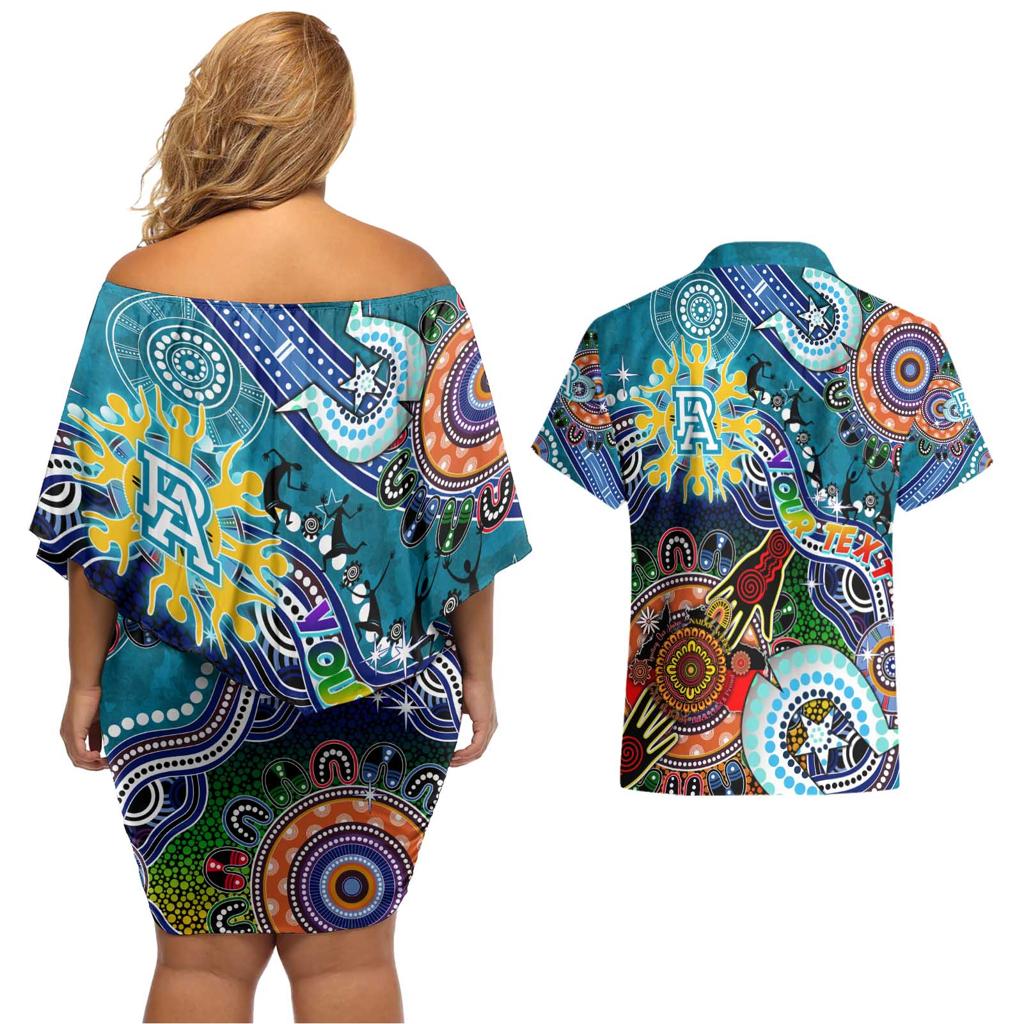 Custom NAIDOC Week 2024 Port Adelaide Power Couples Matching Off Shoulder Short Dress and Hawaiian Shirt Australia Aboriginal Dot Painting