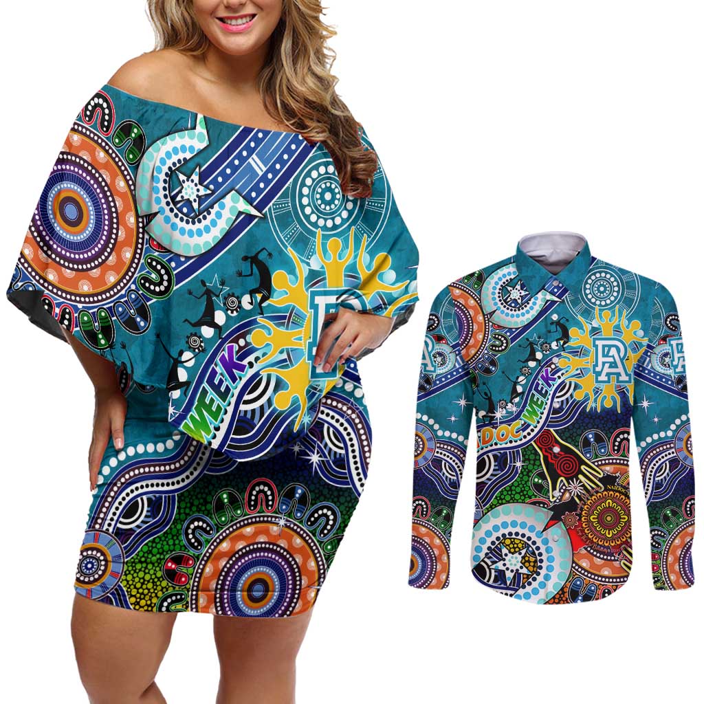 Custom NAIDOC Week 2024 Port Adelaide Power Couples Matching Off Shoulder Short Dress and Long Sleeve Button Shirt Australia Aboriginal Dot Painting