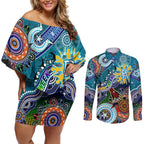 Custom NAIDOC Week 2024 Port Adelaide Power Couples Matching Off Shoulder Short Dress and Long Sleeve Button Shirt Australia Aboriginal Dot Painting