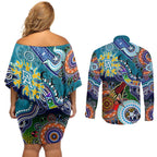 Custom NAIDOC Week 2024 Port Adelaide Power Couples Matching Off Shoulder Short Dress and Long Sleeve Button Shirt Australia Aboriginal Dot Painting