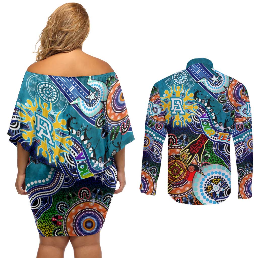 Custom NAIDOC Week 2024 Port Adelaide Power Couples Matching Off Shoulder Short Dress and Long Sleeve Button Shirt Australia Aboriginal Dot Painting
