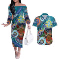 Custom NAIDOC Week 2024 Port Adelaide Power Couples Matching Off The Shoulder Long Sleeve Dress and Hawaiian Shirt Australia Aboriginal Dot Painting