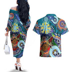 Custom NAIDOC Week 2024 Port Adelaide Power Couples Matching Off The Shoulder Long Sleeve Dress and Hawaiian Shirt Australia Aboriginal Dot Painting