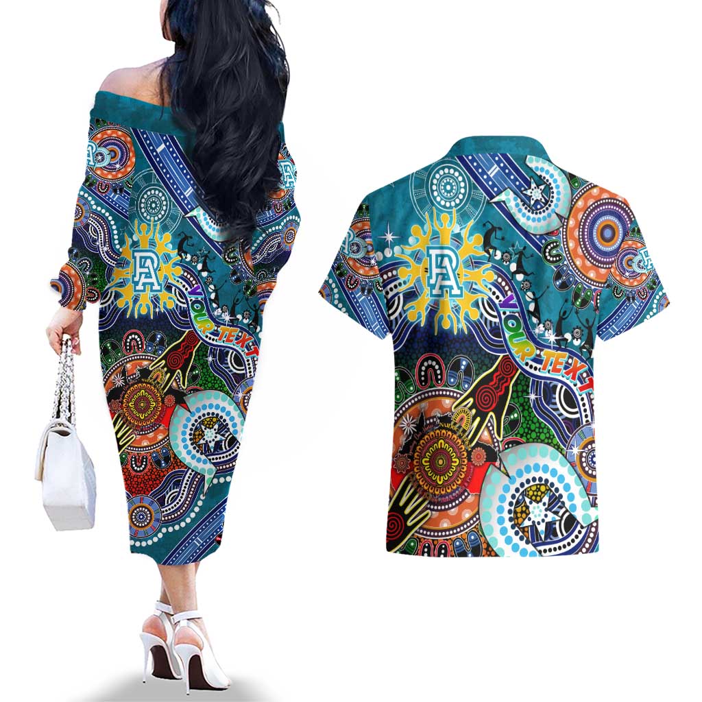Custom NAIDOC Week 2024 Port Adelaide Power Couples Matching Off The Shoulder Long Sleeve Dress and Hawaiian Shirt Australia Aboriginal Dot Painting