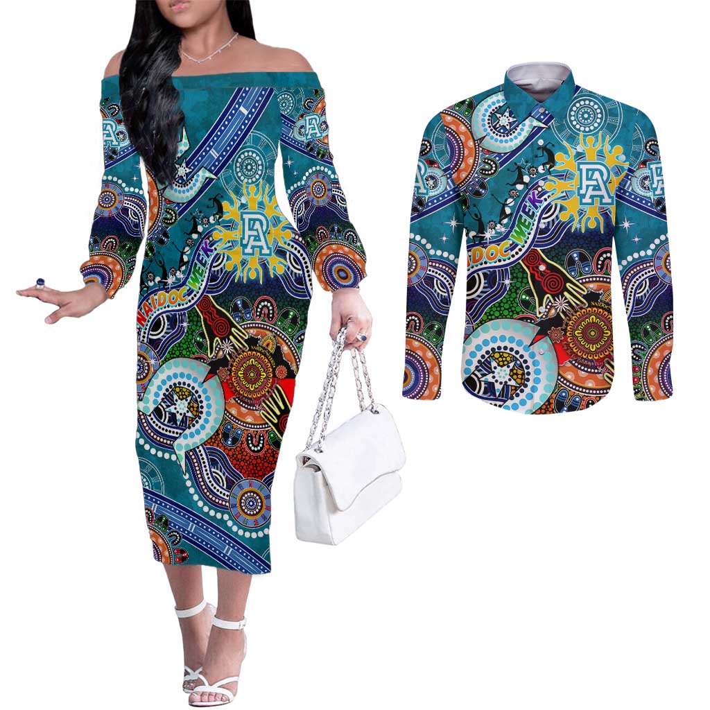 Custom NAIDOC Week 2024 Port Adelaide Power Couples Matching Off The Shoulder Long Sleeve Dress and Long Sleeve Button Shirt Australia Aboriginal Dot Painting