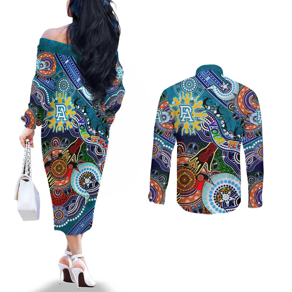 Custom NAIDOC Week 2024 Port Adelaide Power Couples Matching Off The Shoulder Long Sleeve Dress and Long Sleeve Button Shirt Australia Aboriginal Dot Painting
