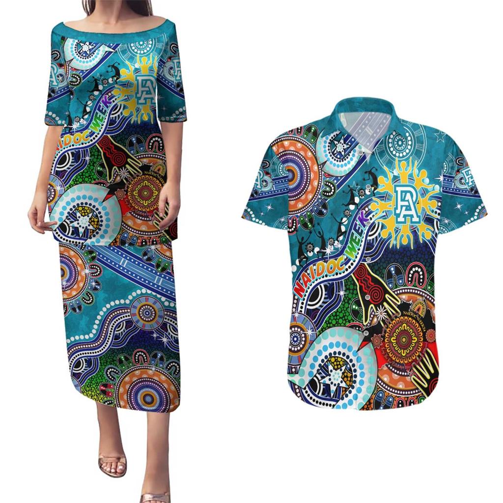 Custom NAIDOC Week 2024 Port Adelaide Power Couples Matching Puletasi and Hawaiian Shirt Australia Aboriginal Dot Painting