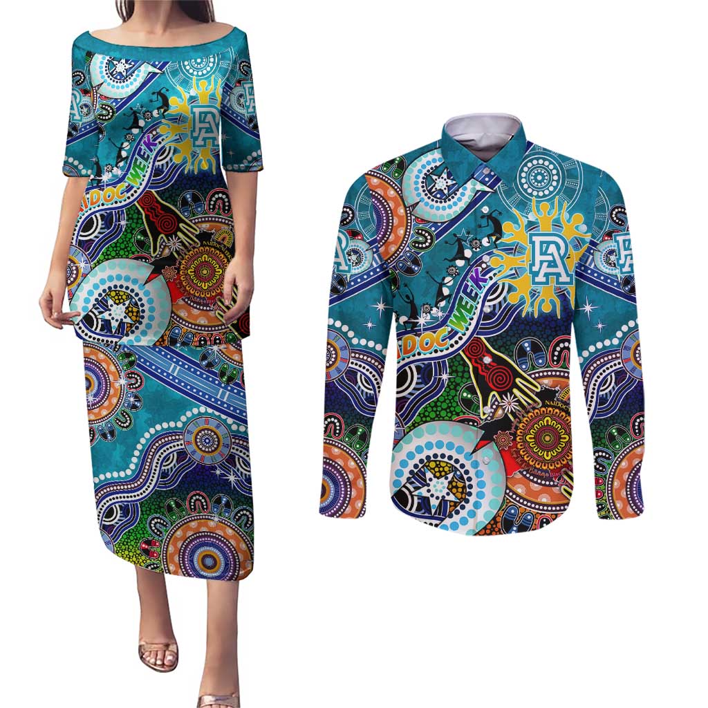 Custom NAIDOC Week 2024 Port Adelaide Power Couples Matching Puletasi and Long Sleeve Button Shirt Australia Aboriginal Dot Painting