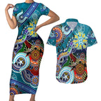 Custom NAIDOC Week 2024 Port Adelaide Power Couples Matching Short Sleeve Bodycon Dress and Hawaiian Shirt Australia Aboriginal Dot Painting