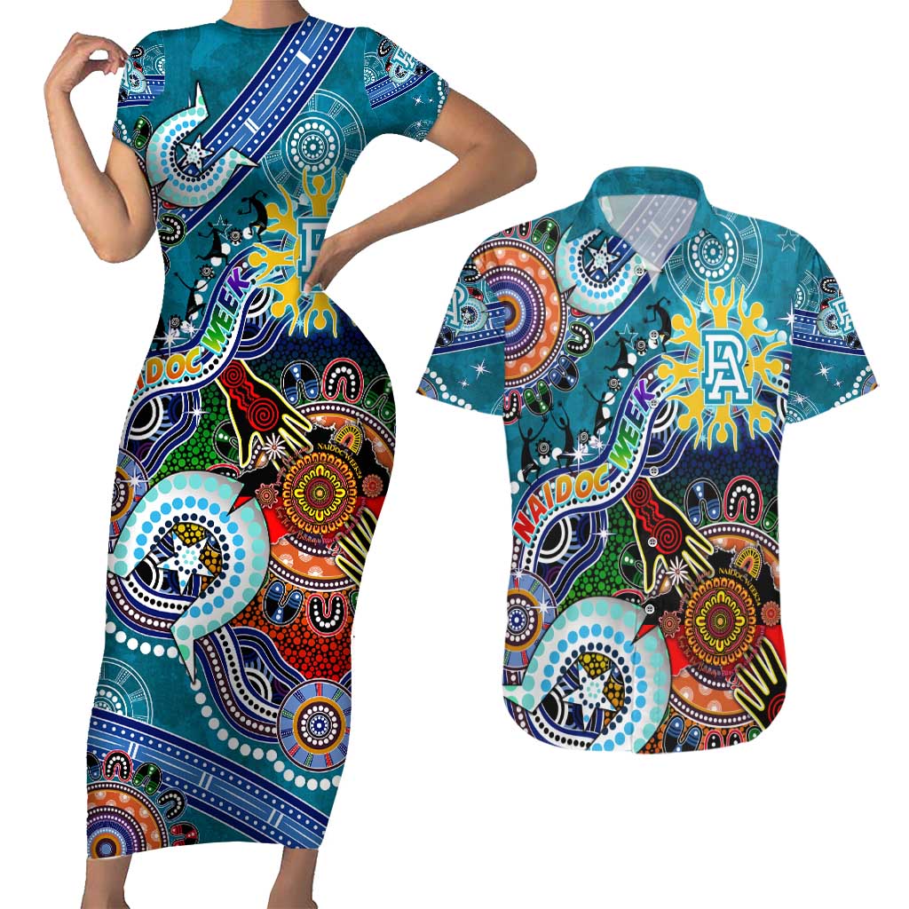 Custom NAIDOC Week 2024 Port Adelaide Power Couples Matching Short Sleeve Bodycon Dress and Hawaiian Shirt Australia Aboriginal Dot Painting
