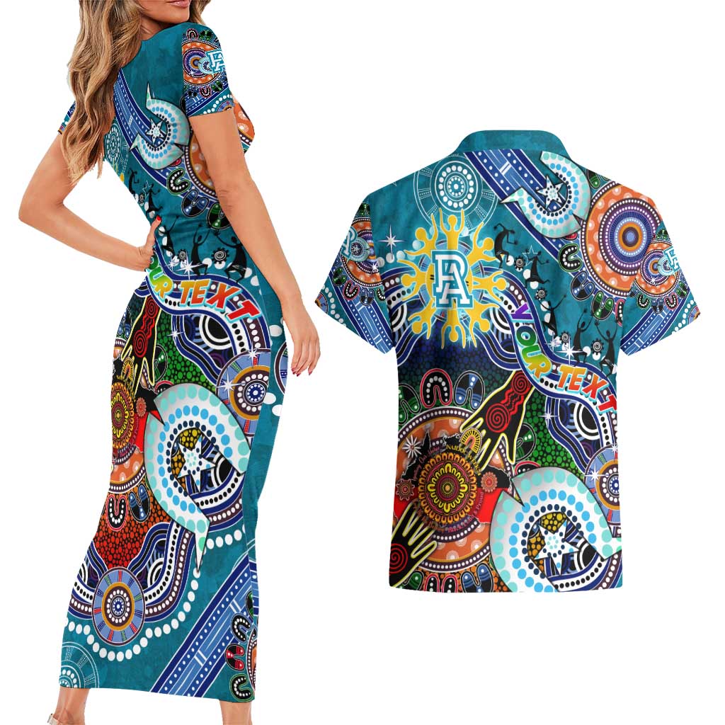 Custom NAIDOC Week 2024 Port Adelaide Power Couples Matching Short Sleeve Bodycon Dress and Hawaiian Shirt Australia Aboriginal Dot Painting