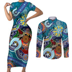 Custom NAIDOC Week 2024 Port Adelaide Power Couples Matching Short Sleeve Bodycon Dress and Long Sleeve Button Shirt Australia Aboriginal Dot Painting