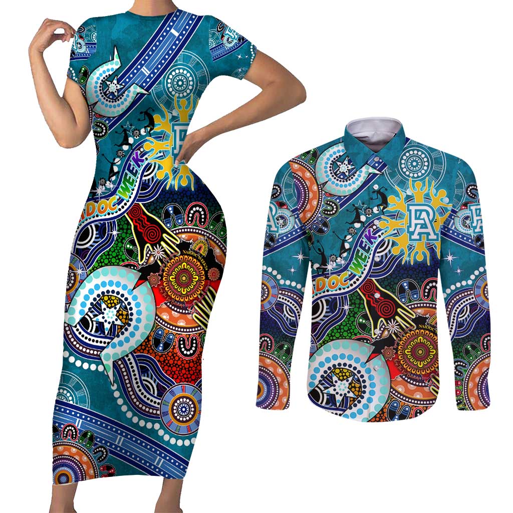 Custom NAIDOC Week 2024 Port Adelaide Power Couples Matching Short Sleeve Bodycon Dress and Long Sleeve Button Shirt Australia Aboriginal Dot Painting