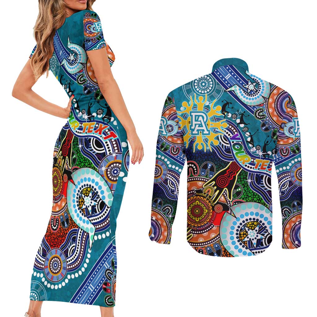 Custom NAIDOC Week 2024 Port Adelaide Power Couples Matching Short Sleeve Bodycon Dress and Long Sleeve Button Shirt Australia Aboriginal Dot Painting