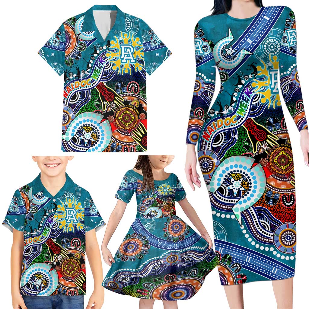 Custom NAIDOC Week 2024 Port Adelaide Power Family Matching Long Sleeve Bodycon Dress and Hawaiian Shirt Australia Aboriginal Dot Painting