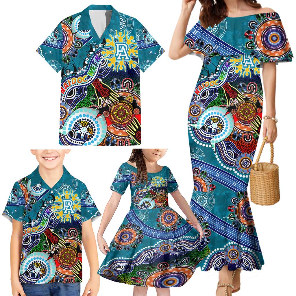 Custom NAIDOC Week 2024 Port Adelaide Power Family Matching Mermaid Dress and Hawaiian Shirt Australia Aboriginal Dot Painting