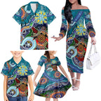 Custom NAIDOC Week 2024 Port Adelaide Power Family Matching Off The Shoulder Long Sleeve Dress and Hawaiian Shirt Australia Aboriginal Dot Painting