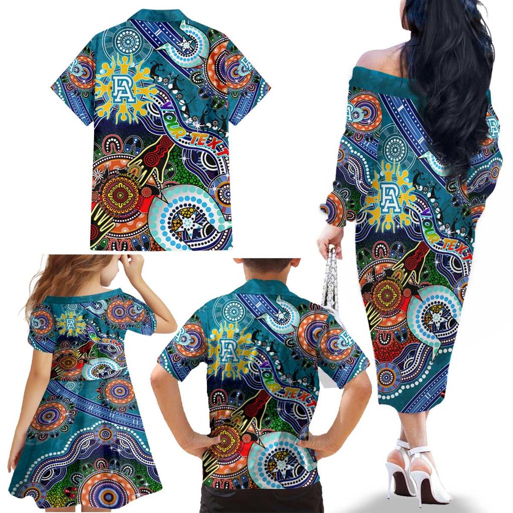 Custom NAIDOC Week 2024 Port Adelaide Power Family Matching Off The Shoulder Long Sleeve Dress and Hawaiian Shirt Australia Aboriginal Dot Painting