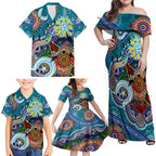 Custom NAIDOC Week 2024 Port Adelaide Power Family Matching Off Shoulder Maxi Dress and Hawaiian Shirt Australia Aboriginal Dot Painting