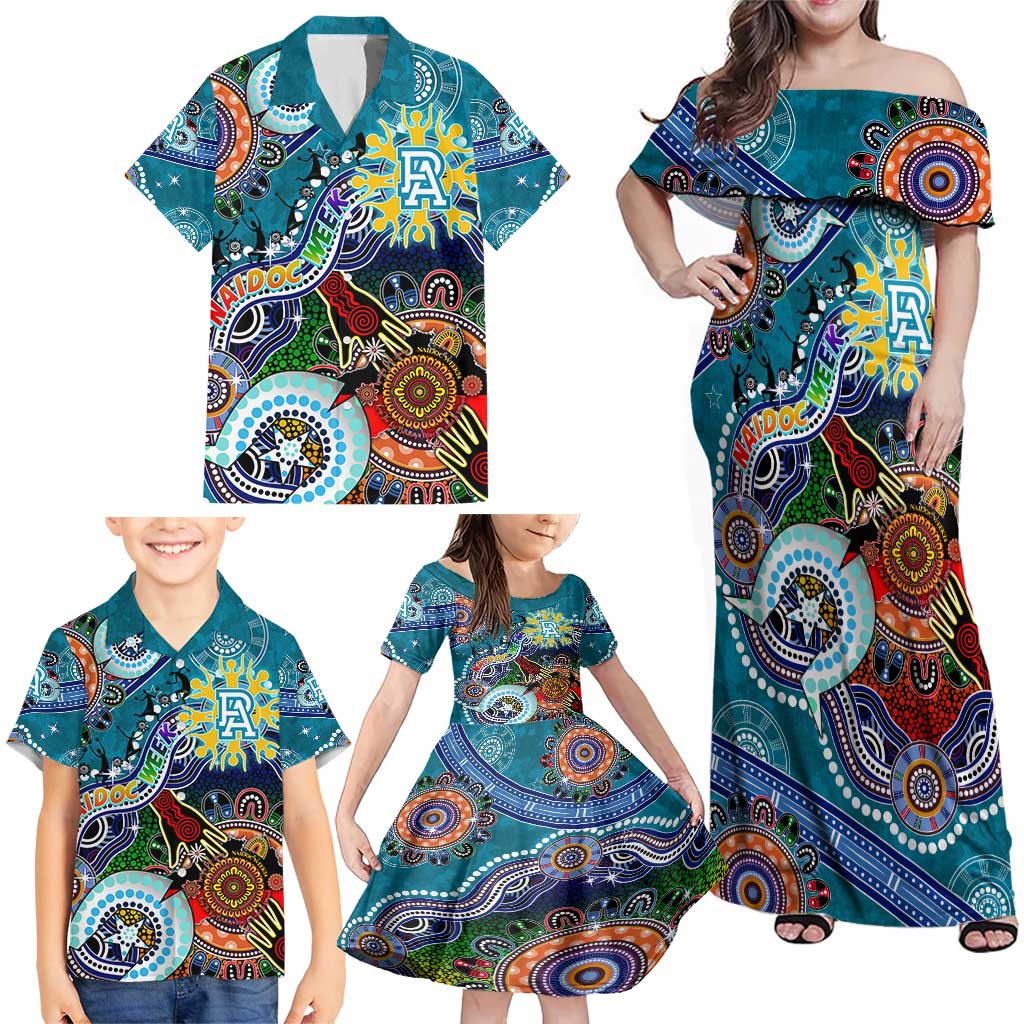 Custom NAIDOC Week 2024 Port Adelaide Power Family Matching Off Shoulder Maxi Dress and Hawaiian Shirt Australia Aboriginal Dot Painting