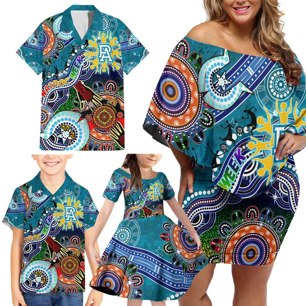 Custom NAIDOC Week 2024 Port Adelaide Power Family Matching Off Shoulder Short Dress and Hawaiian Shirt Australia Aboriginal Dot Painting