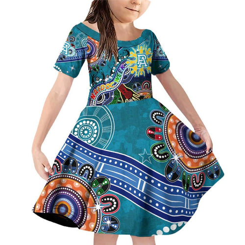 Custom NAIDOC Week 2024 Port Adelaide Power Family Matching Off Shoulder Short Dress and Hawaiian Shirt Australia Aboriginal Dot Painting
