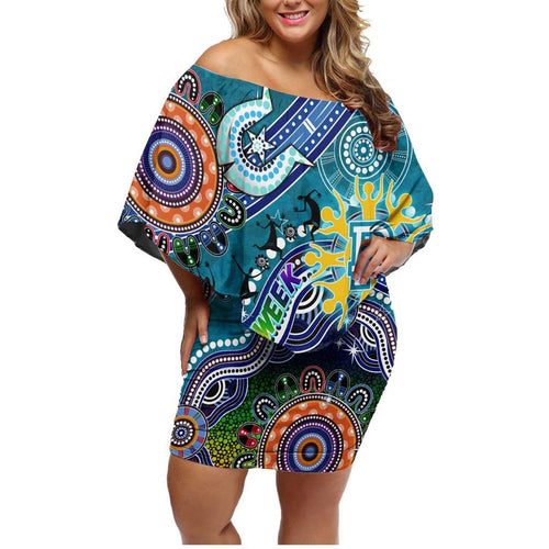 Custom NAIDOC Week 2024 Port Adelaide Power Family Matching Off Shoulder Short Dress and Hawaiian Shirt Australia Aboriginal Dot Painting