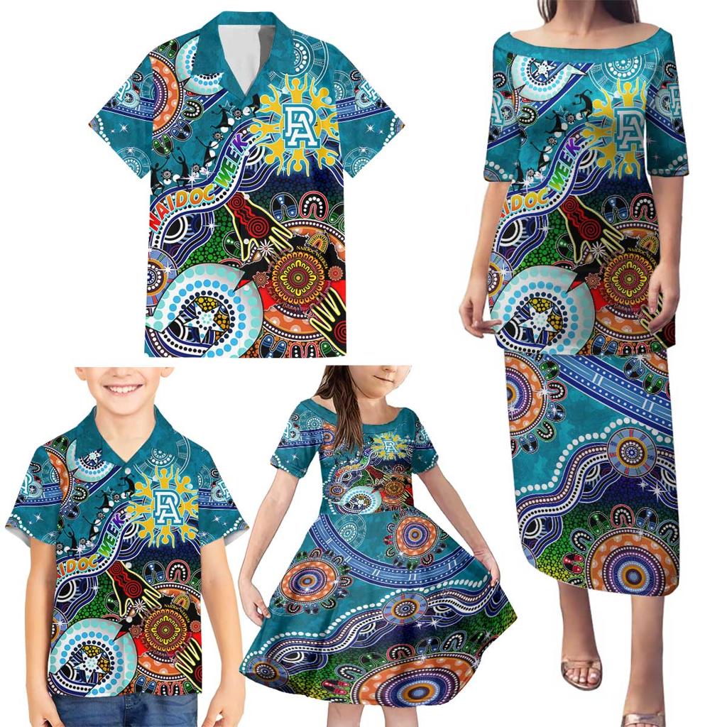 Custom NAIDOC Week 2024 Port Adelaide Power Family Matching Puletasi and Hawaiian Shirt Australia Aboriginal Dot Painting