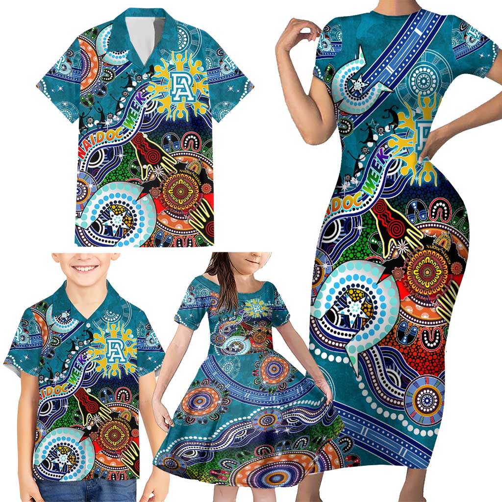 Custom NAIDOC Week 2024 Port Adelaide Power Family Matching Short Sleeve Bodycon Dress and Hawaiian Shirt Australia Aboriginal Dot Painting