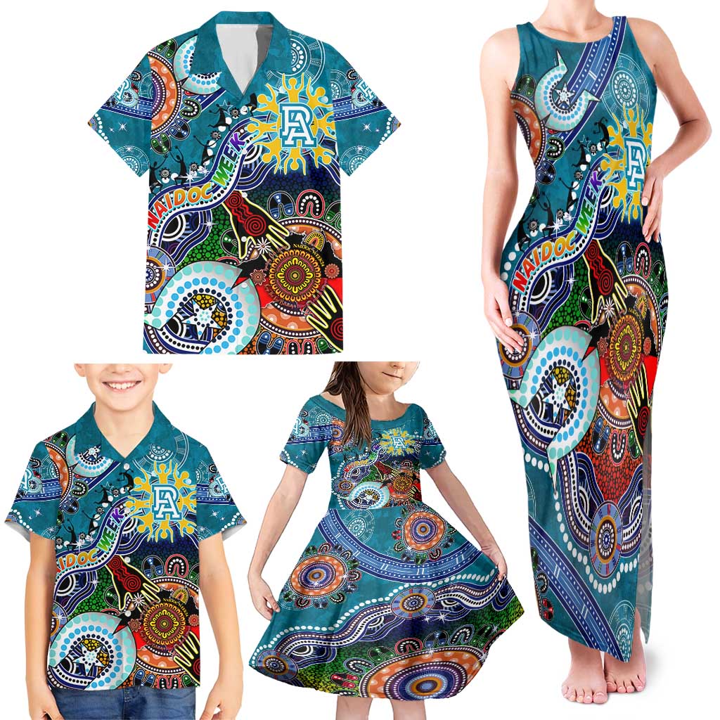Custom NAIDOC Week 2024 Port Adelaide Power Family Matching Tank Maxi Dress and Hawaiian Shirt Australia Aboriginal Dot Painting