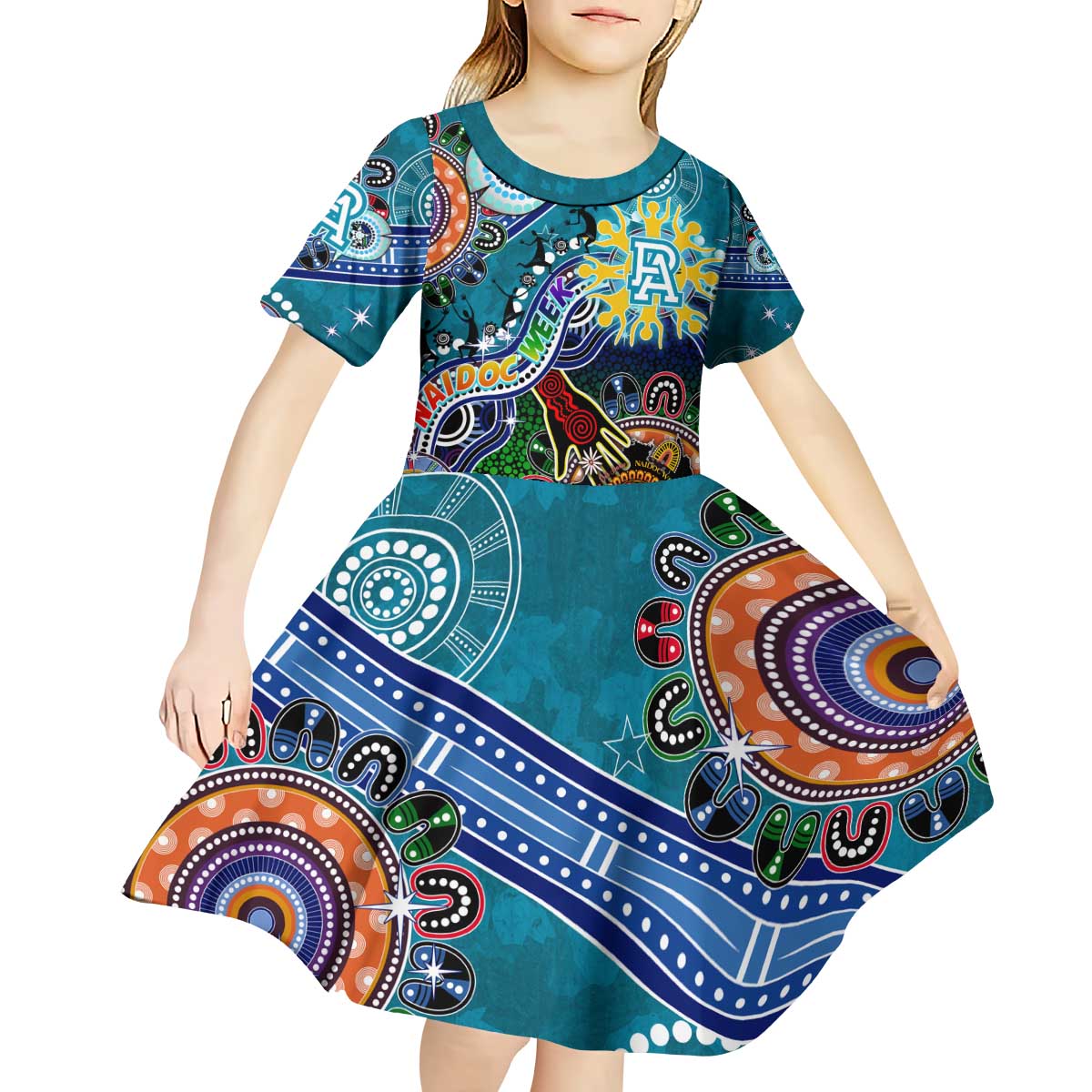 Custom NAIDOC Week 2024 Port Adelaide Power Kid Short Sleeve Dress Australia Aboriginal Dot Painting