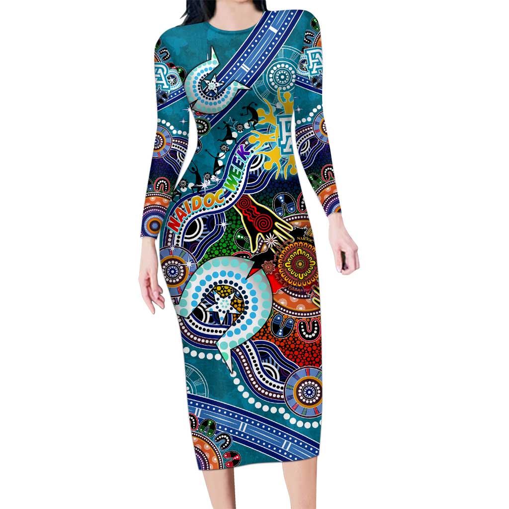 Custom NAIDOC Week 2024 Port Adelaide Power Long Sleeve Bodycon Dress Australia Aboriginal Dot Painting