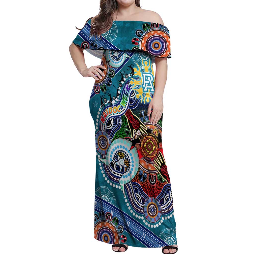 Custom NAIDOC Week 2024 Port Adelaide Power Off Shoulder Maxi Dress Australia Aboriginal Dot Painting