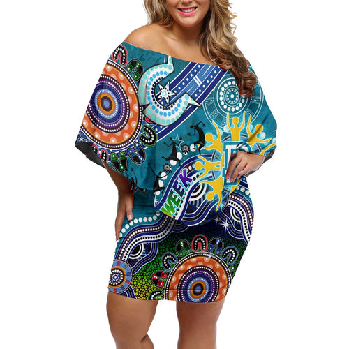 Custom NAIDOC Week 2024 Port Adelaide Power Off Shoulder Short Dress Australia Aboriginal Dot Painting