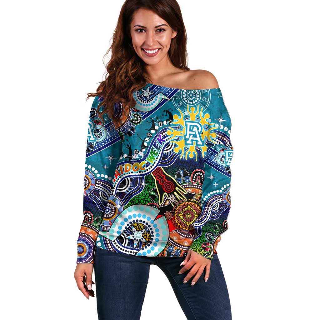 Custom NAIDOC Week 2024 Port Adelaide Power Off Shoulder Sweater Australia Aboriginal Dot Painting