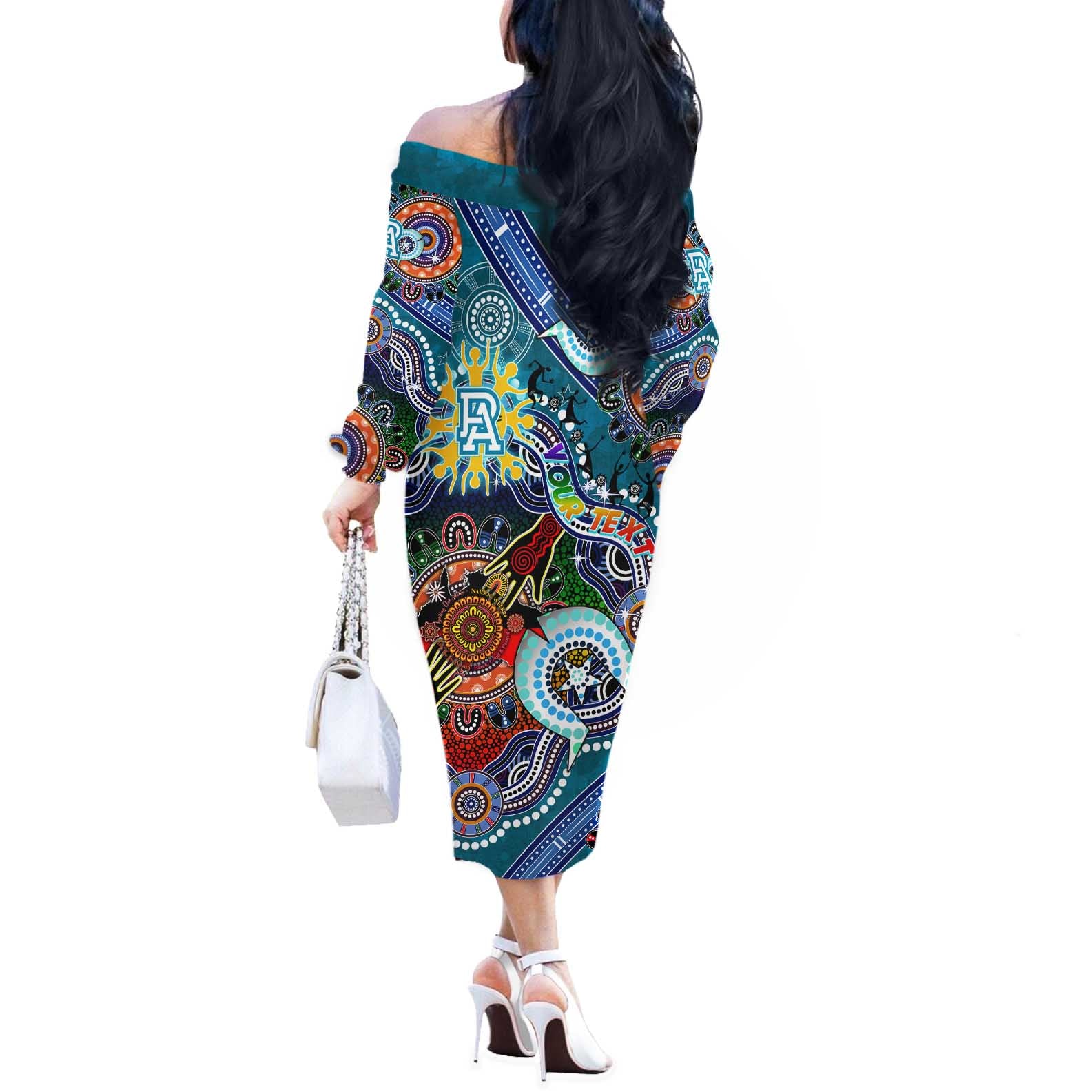 Custom NAIDOC Week 2024 Port Adelaide Power Off The Shoulder Long Sleeve Dress Australia Aboriginal Dot Painting