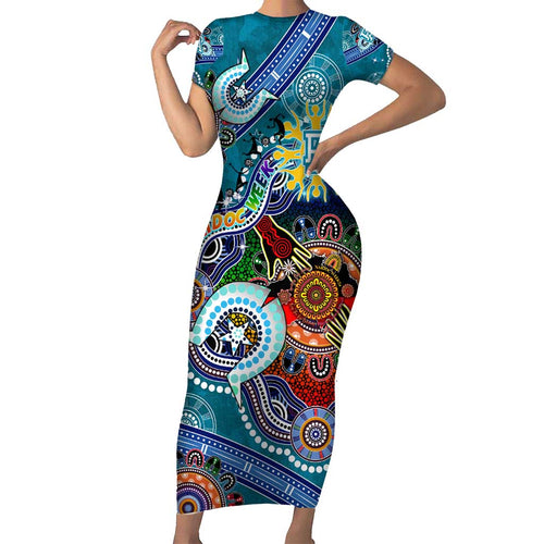 Custom NAIDOC Week 2024 Port Adelaide Power Short Sleeve Bodycon Dress Australia Aboriginal Dot Painting