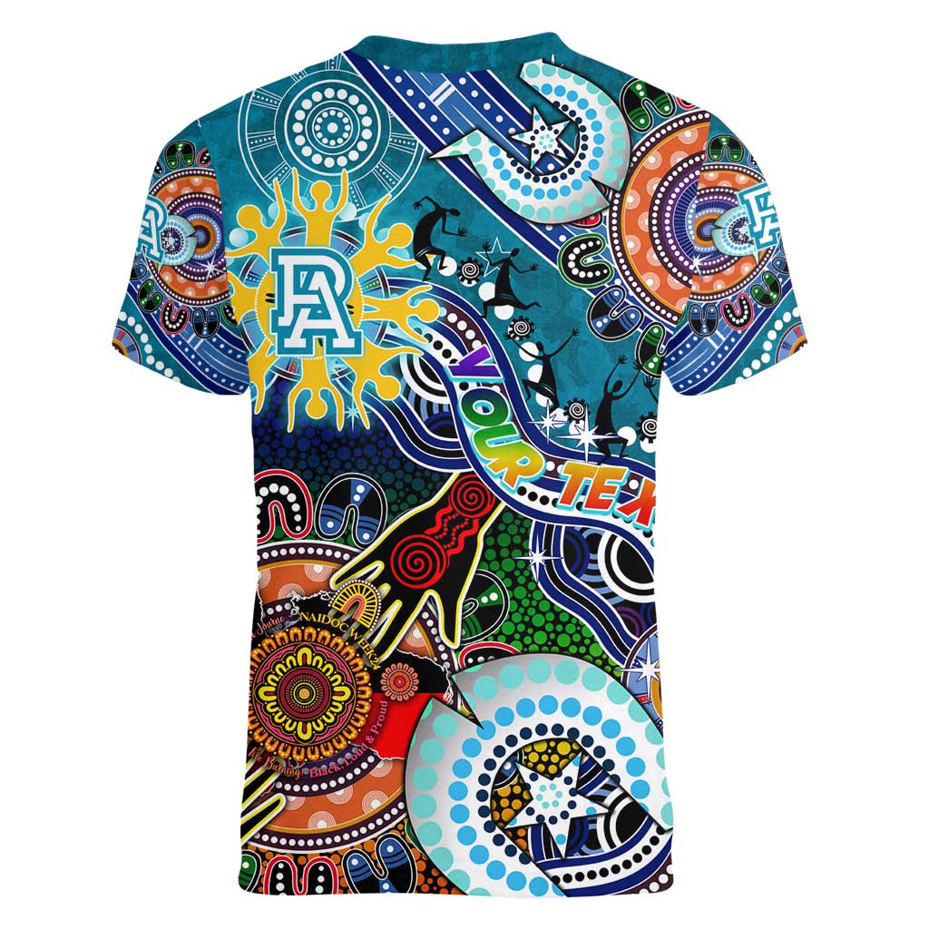 Custom NAIDOC Week 2024 Port Adelaide Power Women V-Neck T-Shirt Australia Aboriginal Dot Painting